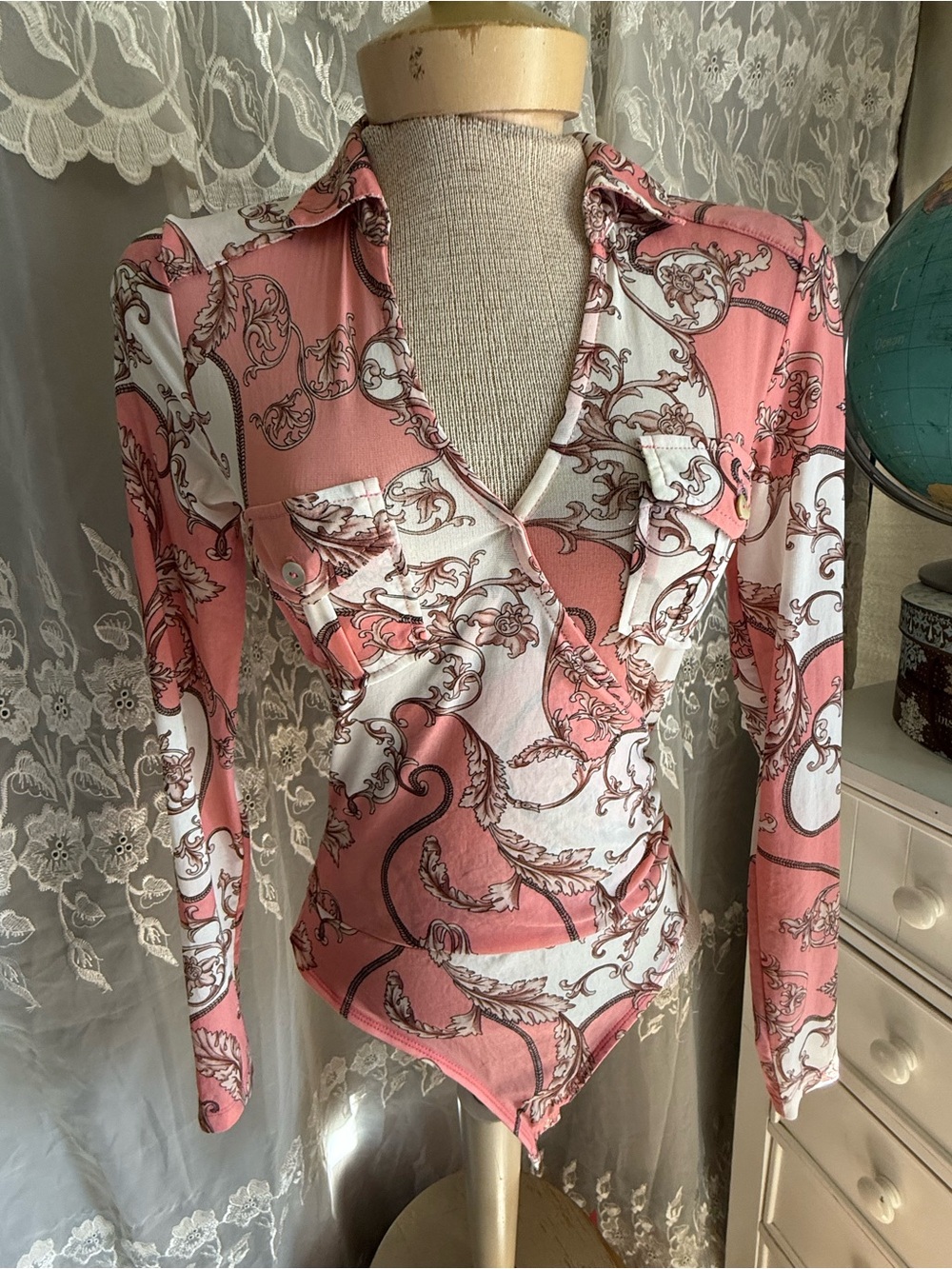 DNA couture Pink and White Patterned Long-Sleeve Bodysuit